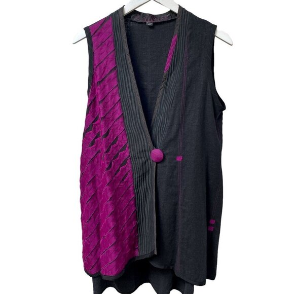 Artsy Vest M/L Charcoal Black Pink Emboidered Applique Boho Top - Picture 1 of 12